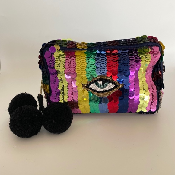 Colorful FIGUE Rainbow Sequin EVIL EYE Embroidered Glass Bead POUCH Clutch Bag - Picture 1 of 10